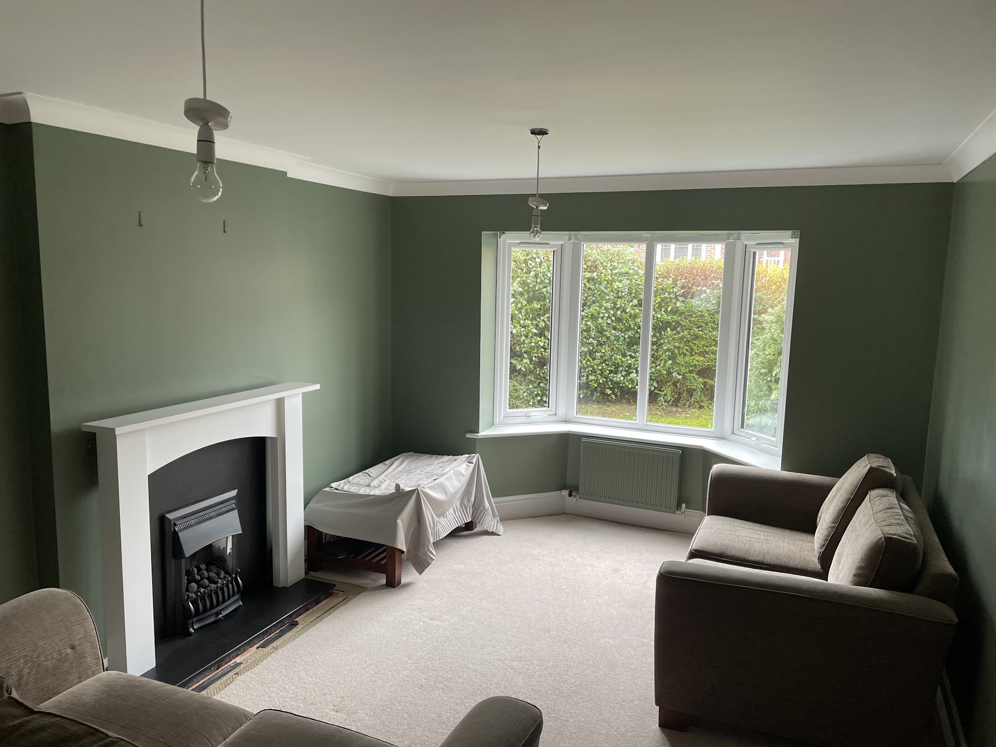 Living room finished in sage green with a white fire surround and bay window