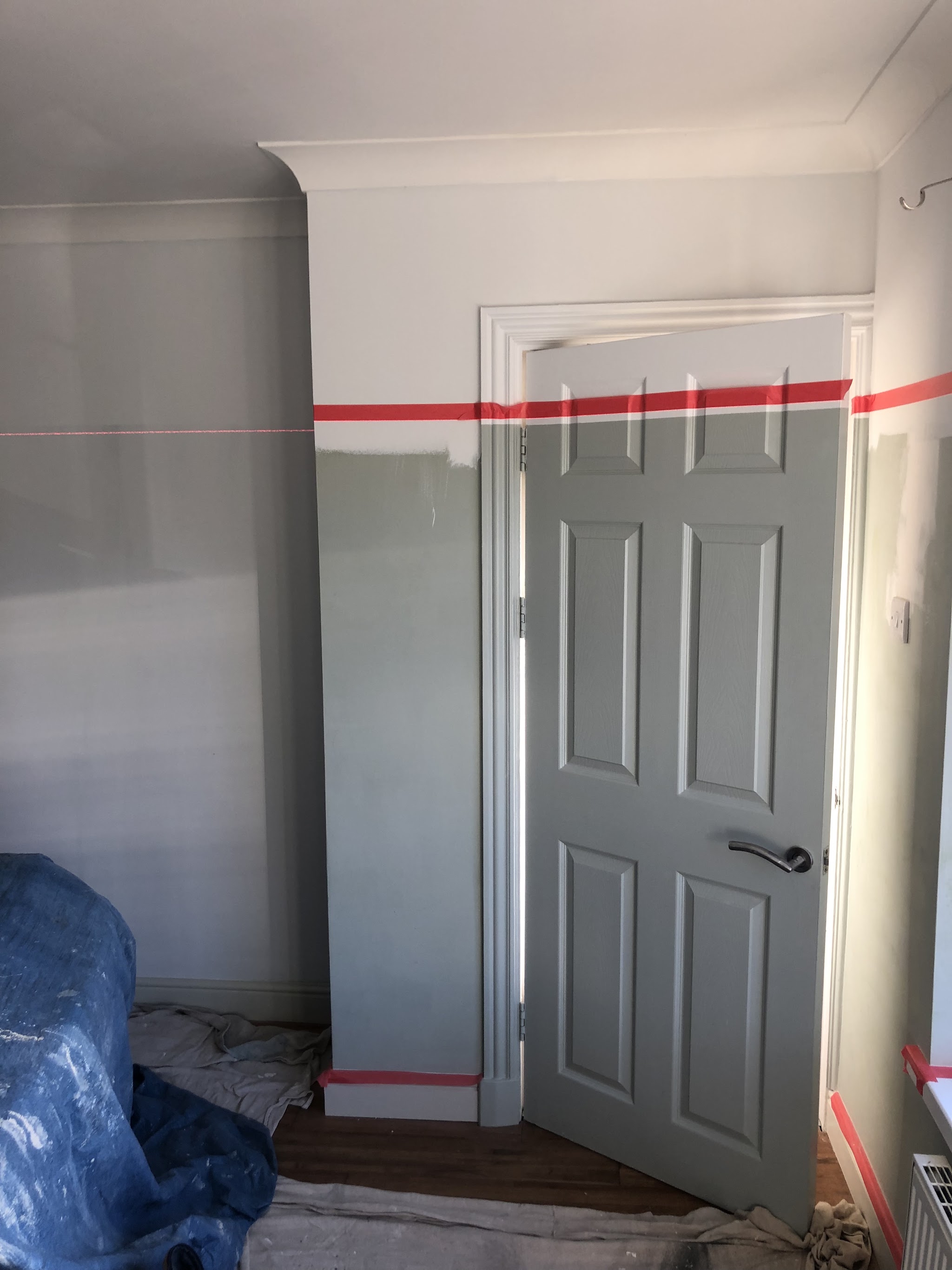 Grey painted six panel door with a laser line across the wall and floor protected