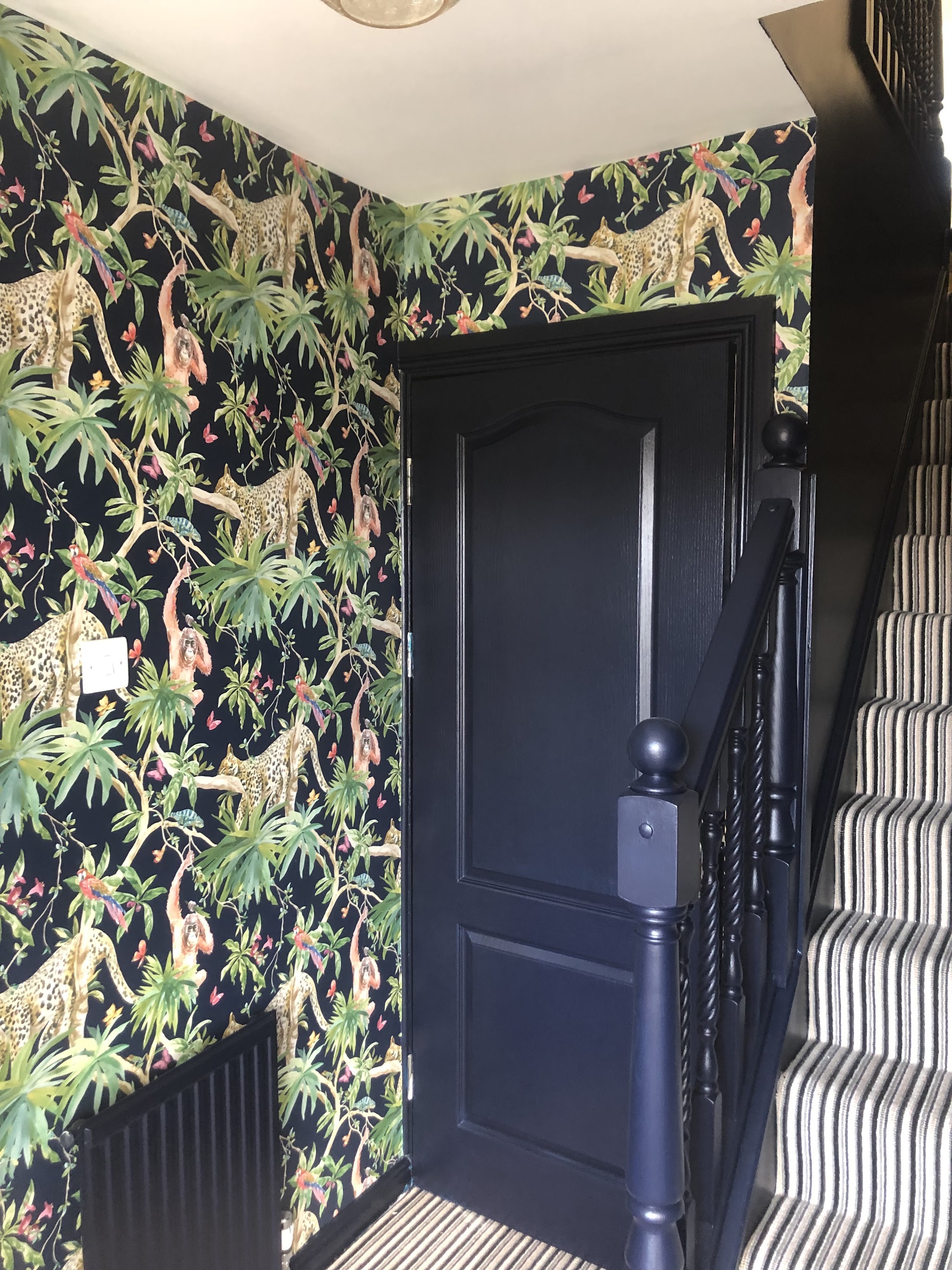 Hallway papered in a bold jungle print with a black front door and black banisters